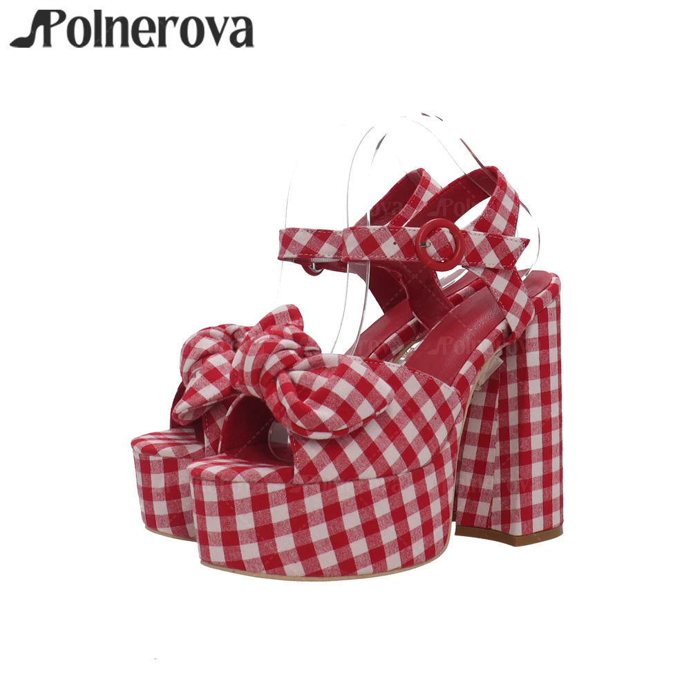 

Red Plaid Sandals Platform Chunky Heel Summer Shoes Butterfly Knot Buckle Sandals Custom Color Large Size High Heels for Women