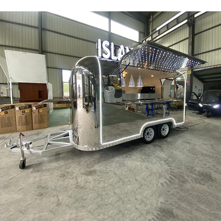 Stainless Steel Mobile Fast Food Truck Trailer with Full Kitchen Equipments Freezer Deep Fryer