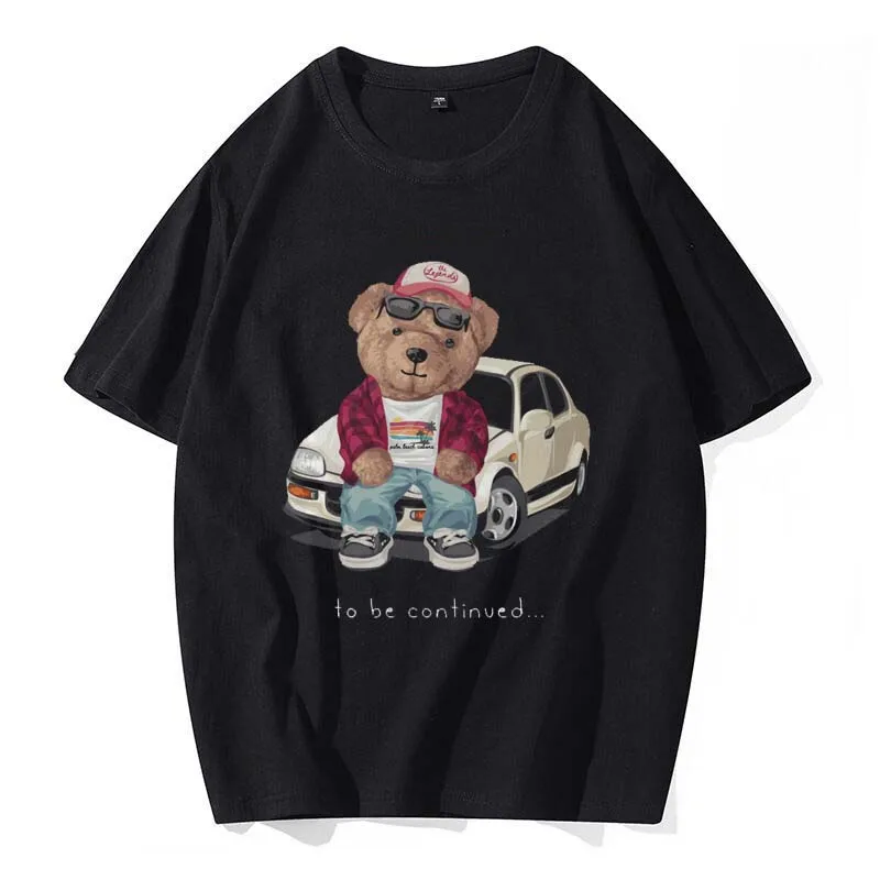 Summer T-shirt Men\'s Fashion Printing Casual Fun Bear Cartoon Pattern Street Top Fashion Versatile Cotton Round Neck T-shirt.