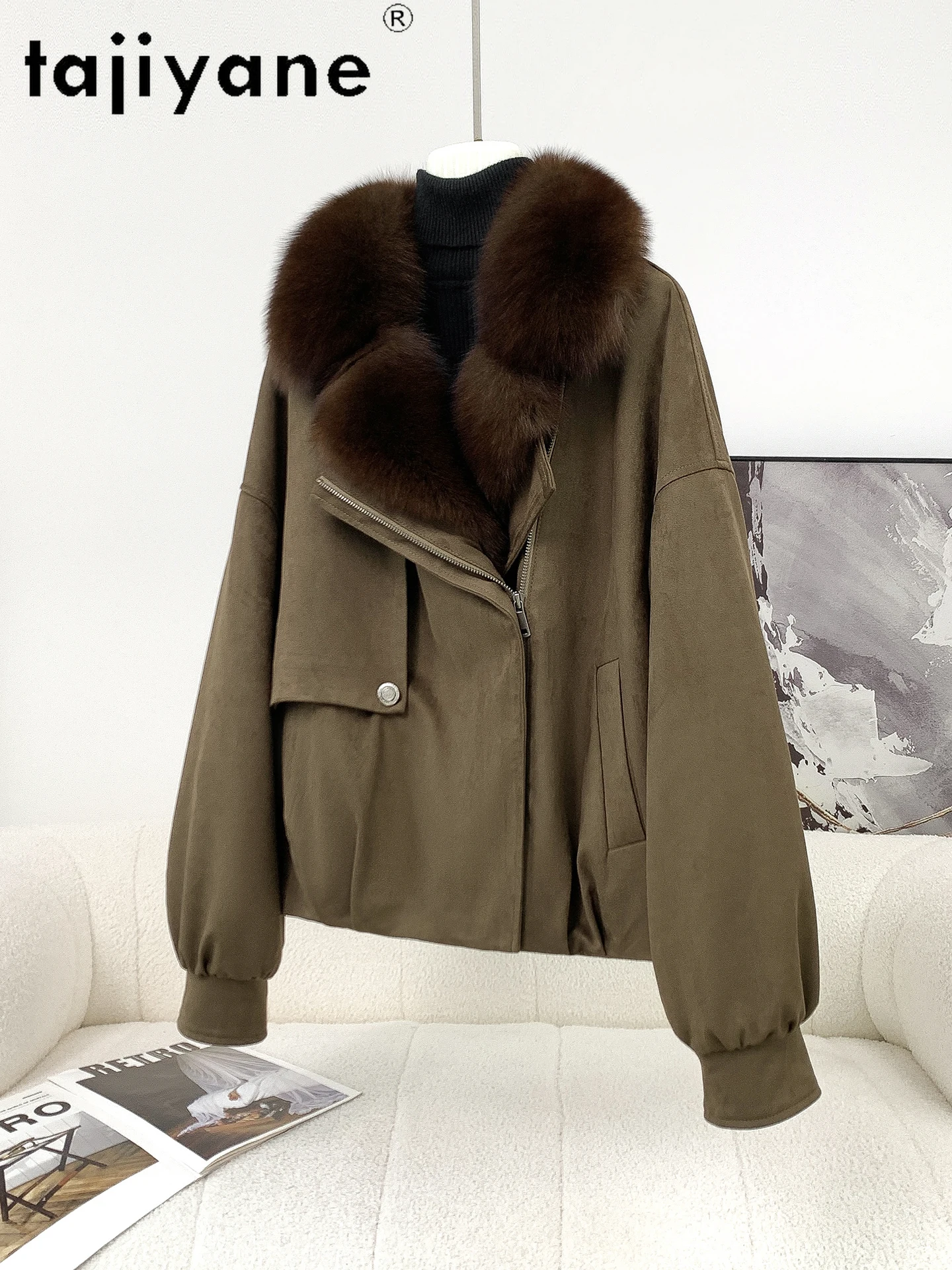 Tafiyane casacos de penas de ganso feminino luxo gola de pele de raposa jaquetas de camurça premium senhoras outerwears 2025 inverno roupas femininas domaхоislav