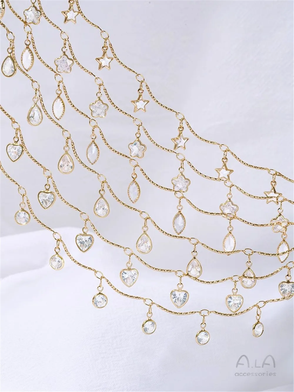 

14K Gold-coated Hanging Zircon Heart Drops Five-pointed Star Flower Bent Bar Chain Diy Handmade Jewelry Loose Chain C005