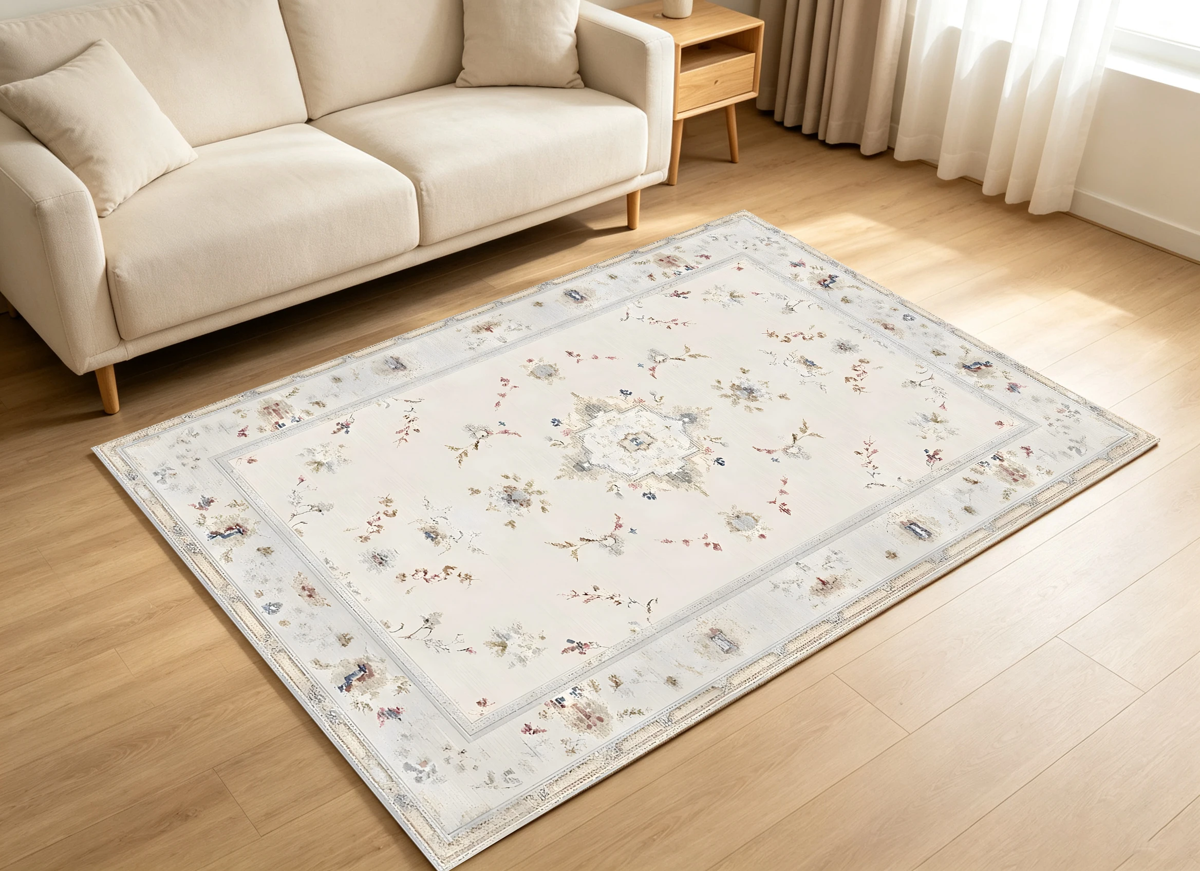 2D Large Rug with Light Beige Background and Symmetrical Floral Pattern, French Style, Suitable for Living Room and Bedroom, One-Click Refresh for Autumn and Winter Decoration
