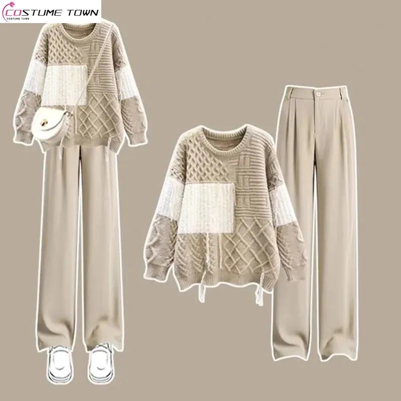 Autumn Set 2023 New Large Women\'s Age Reducing Loose Knitted Sweater Fashion Casual Pants Two Piece Set Fashion