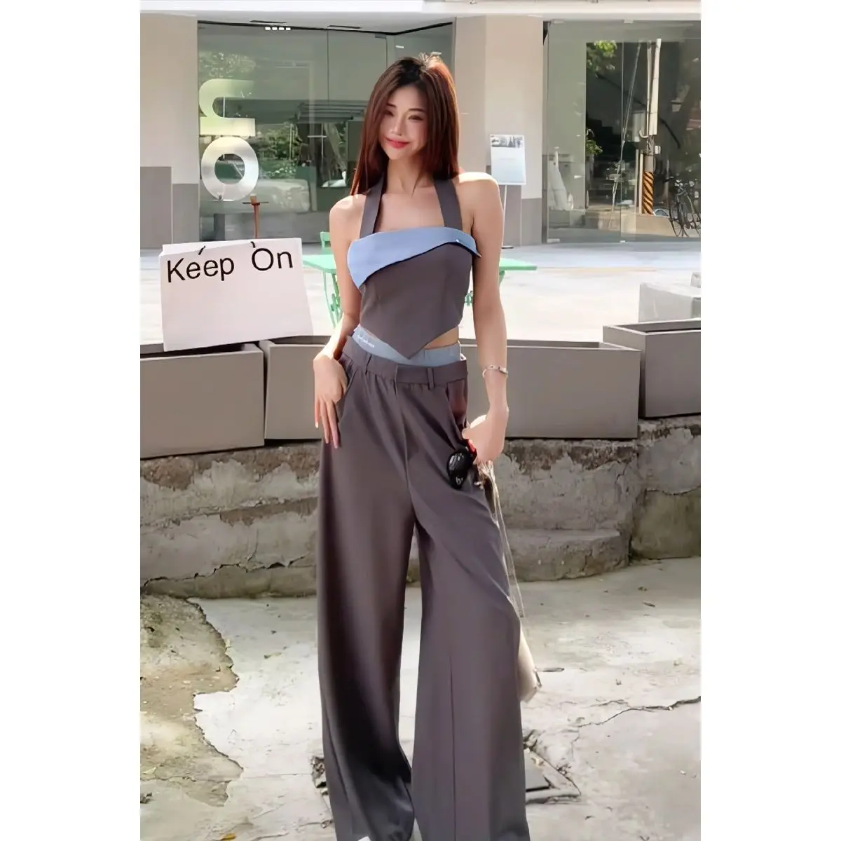 Summer New Hot Girl Fashion Suit, Irregular Color-blocking Tube Top, Loose Casual Wide-leg Pants