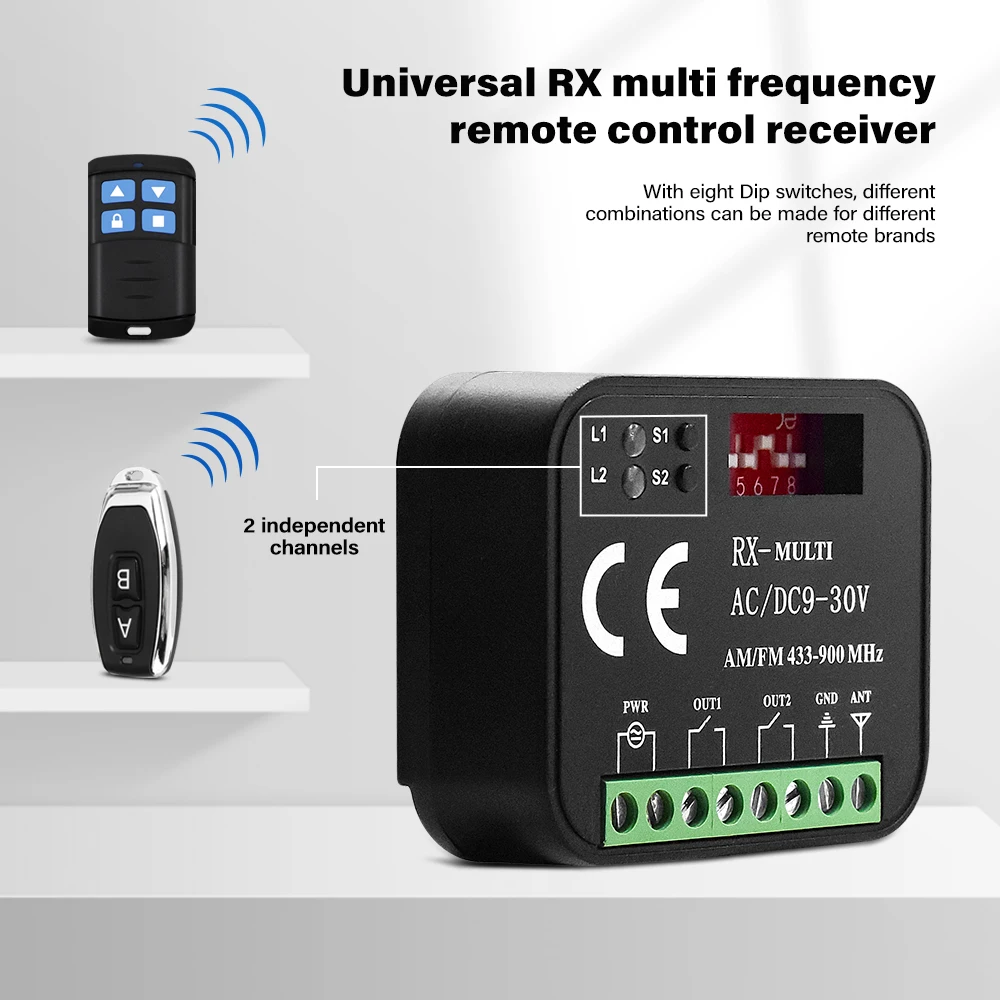 Rx-receptor de Control remoto multifrecuencia para puerta de garaje, controlador multimarca Universal 8 dip de rx multi 300 a 868 mhz, 2 canales, 7V