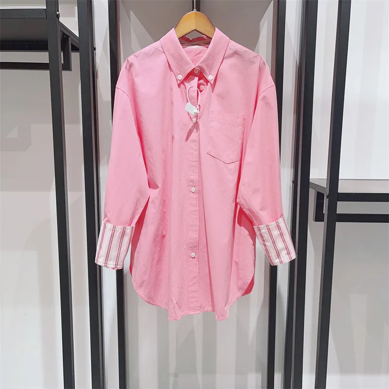 Camisa con puños a rayas en contraste para mujer, Tops informales de algodón de manga larga con cuello vuelto que combinan con todo, novedad de primavera