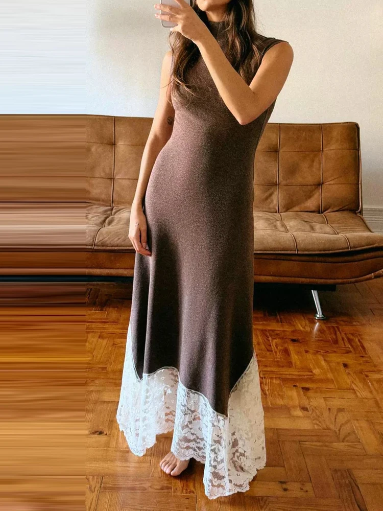 أزياء نصف الياقة العالية سليم صالح فستان طويل المرأة مثير أكمام فساتين السهرة أنيقة الدانتيل الربط بلون حزب اللباس #6