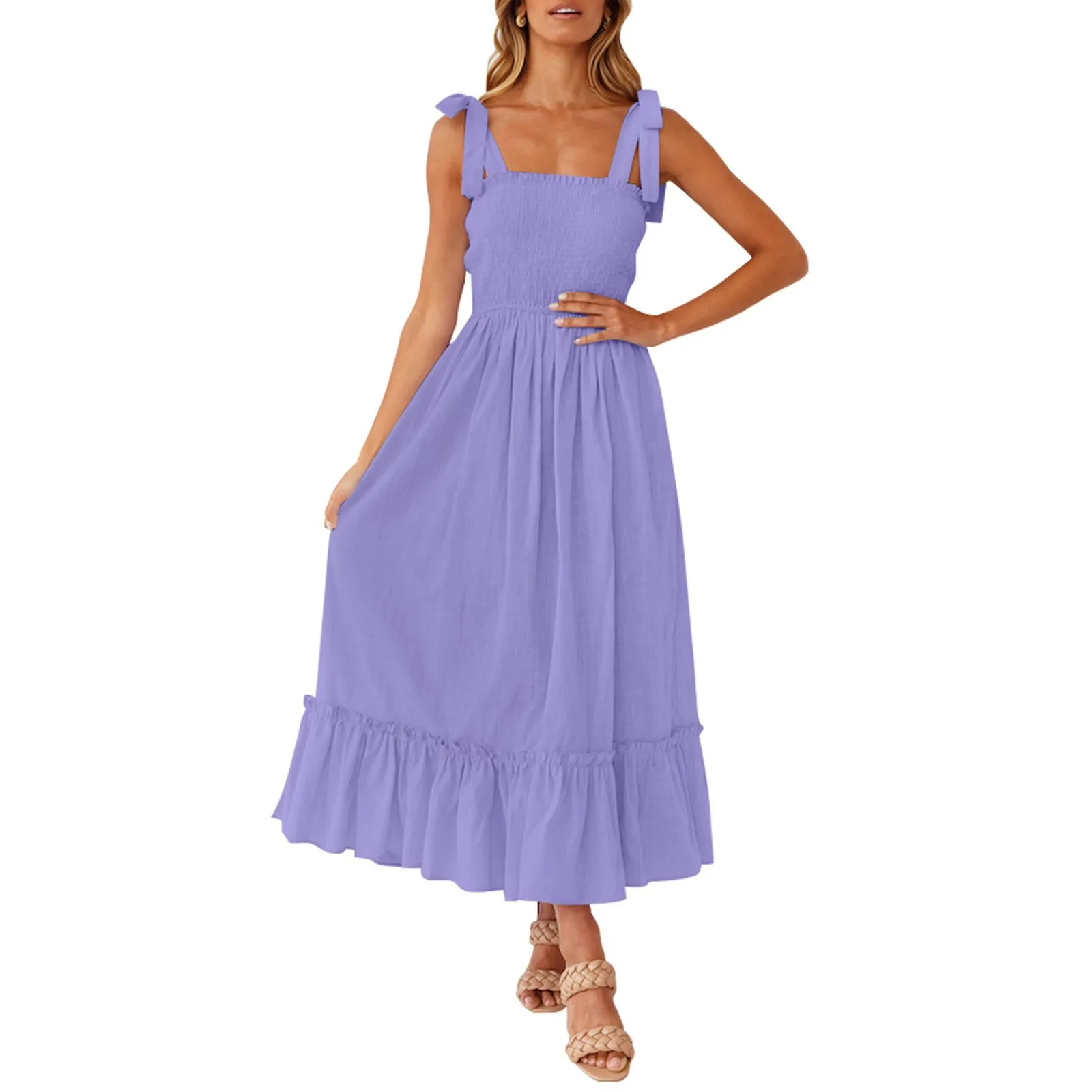 Women'S Fashionable Dress Bohemian Straps Ruffle Edge Square Neck Dress Summer New Solid Color A-Line Beach 2024 Long Dress