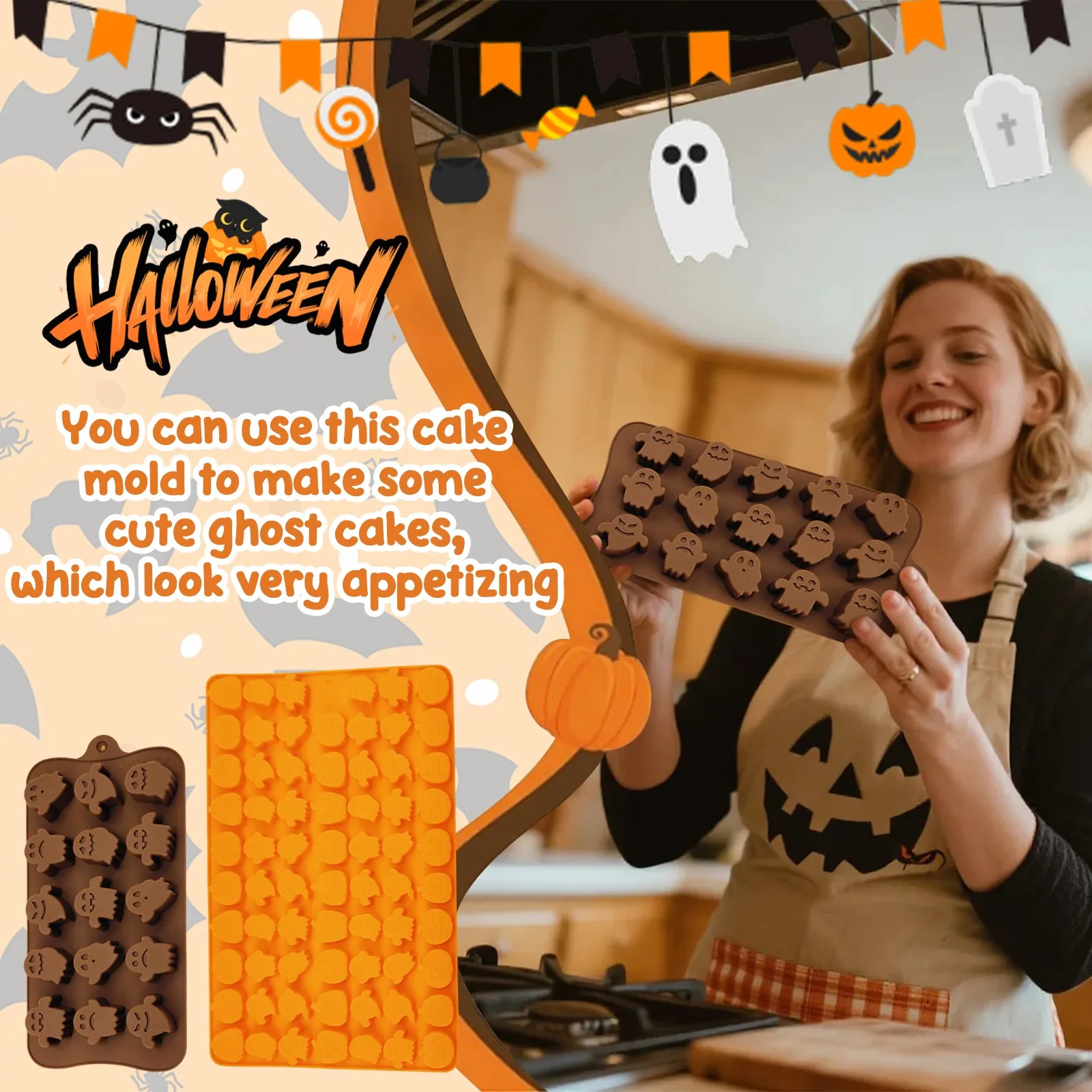 Halloween Molds Silicone Chocolate Molds Skull Ghost Pumpkin Witch Design Cake Molds Halloween Dessert Decorating Baking Tools