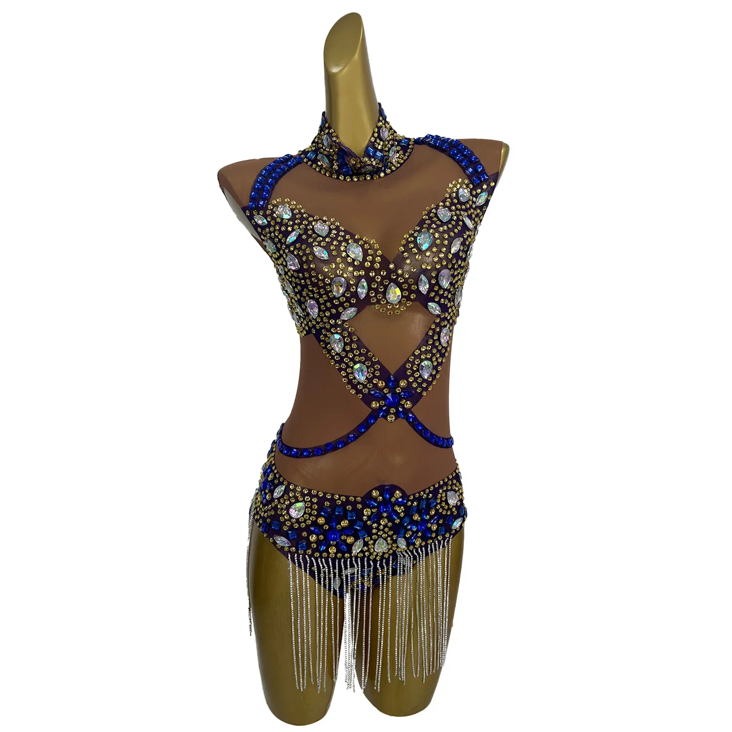 

Women Sexy Performance Dance Costume Nightclub Singer Dancer Stage Bodysuit Sparkly Rhinestones Tassels Sheer Mesh Bodysuit