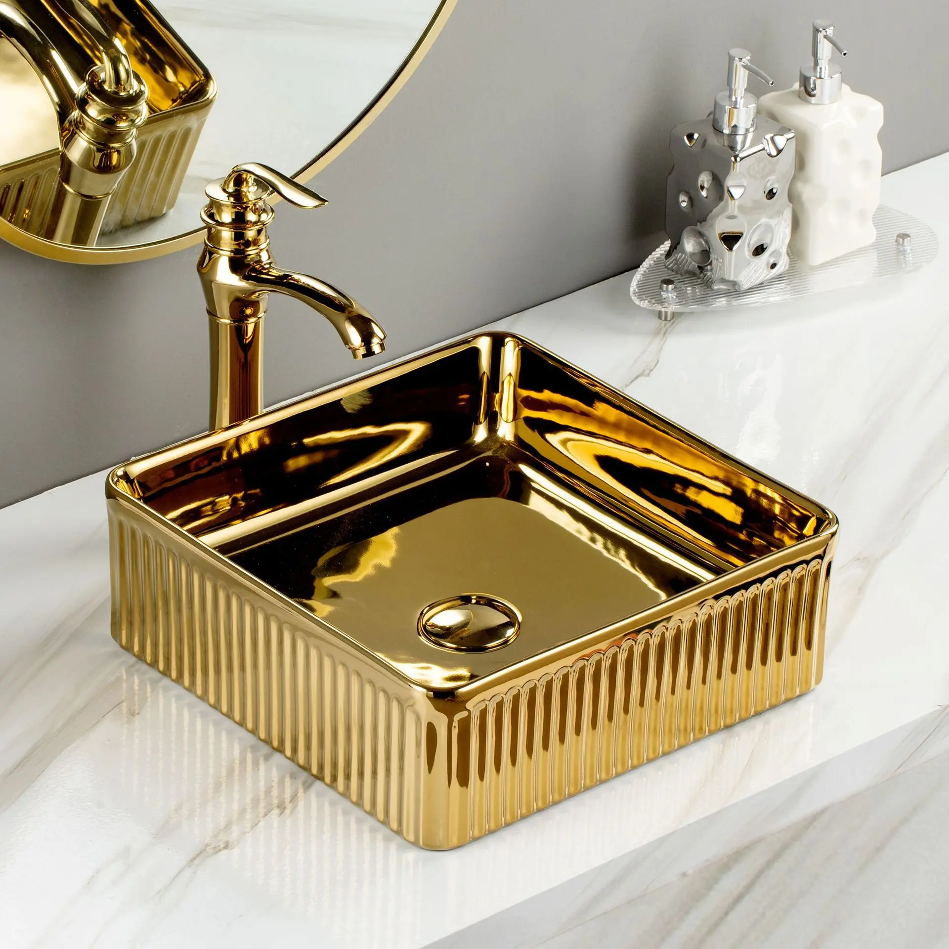 

Customized ceramic art basin, electroplated gold and silver wash basin, bathroom countertop basin, foreign trade model