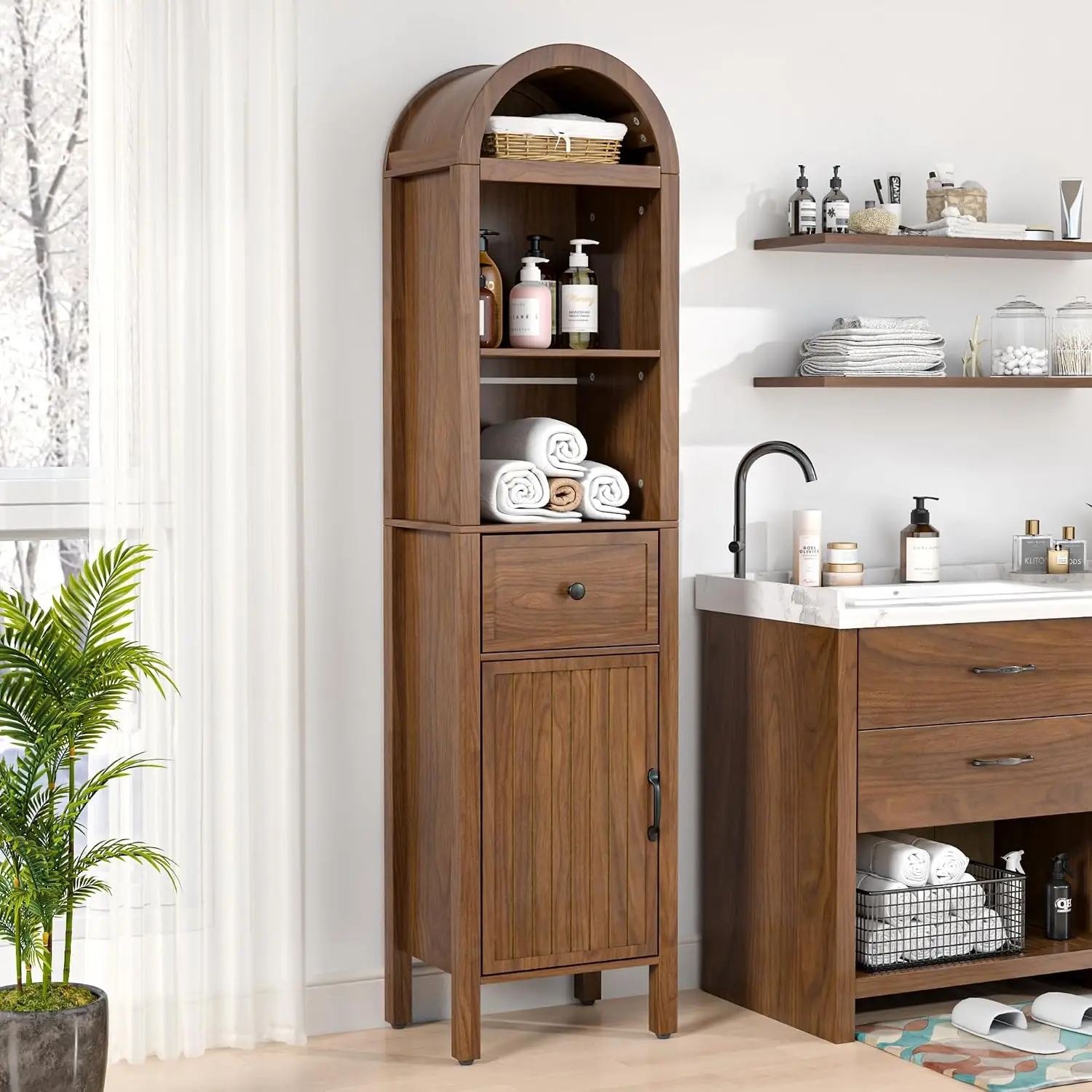 Tall Bathroom Storage Cabinet, Freestanding Floor Linen Organizer Cupboard, Living Room And Laundry Utility Pantry Unit, Adjustable Shelves Enclosed Storage Rack, Modern Farmhouse Style, White