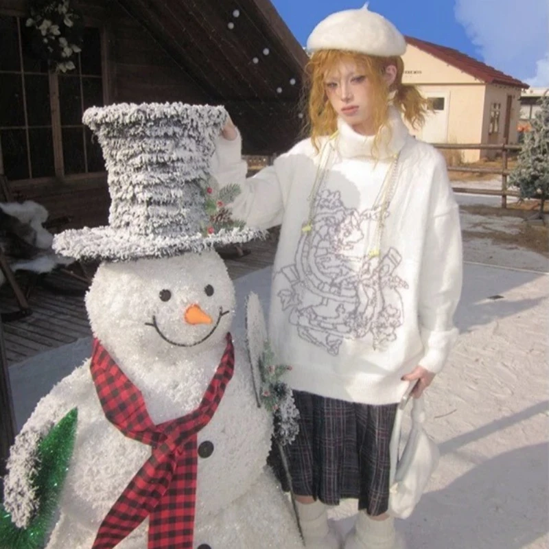 

Белые женские свитера с готическим рисунком Deeptown Y2k, водолазка в стиле Харадзюку, японские эстетические вязаные пуловеры, повседневные зимние пуловеры большого размера