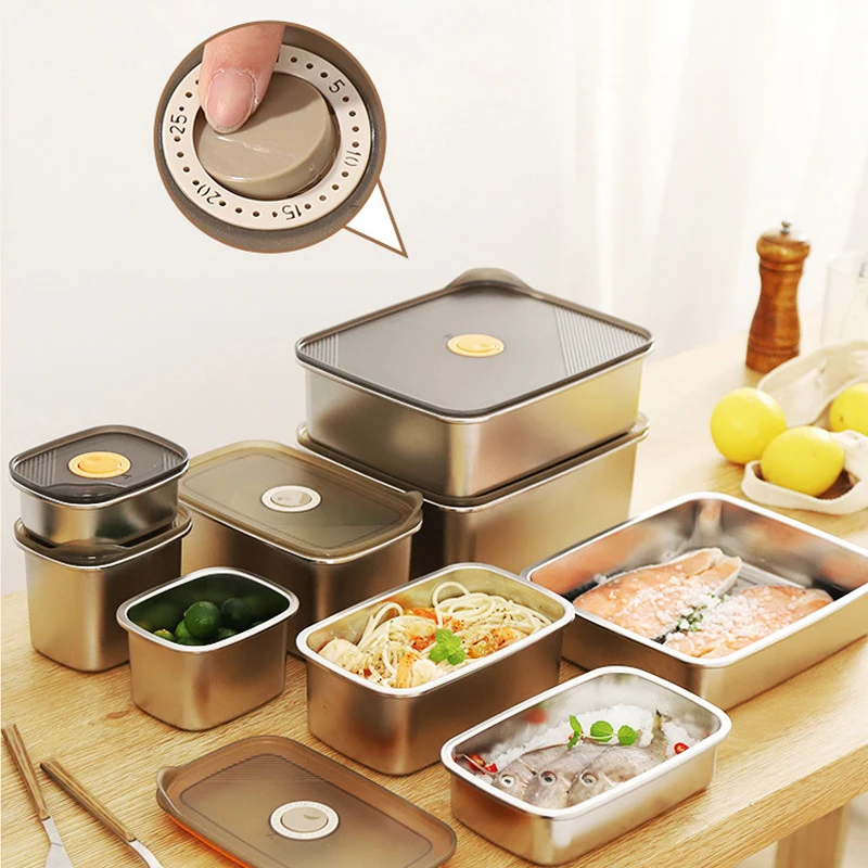 

Luxury 304 Stainless Steel Fridge Food Box Air Exhaust Meat Vegetable Crisper Silicone Sealed Fresh Keep Case