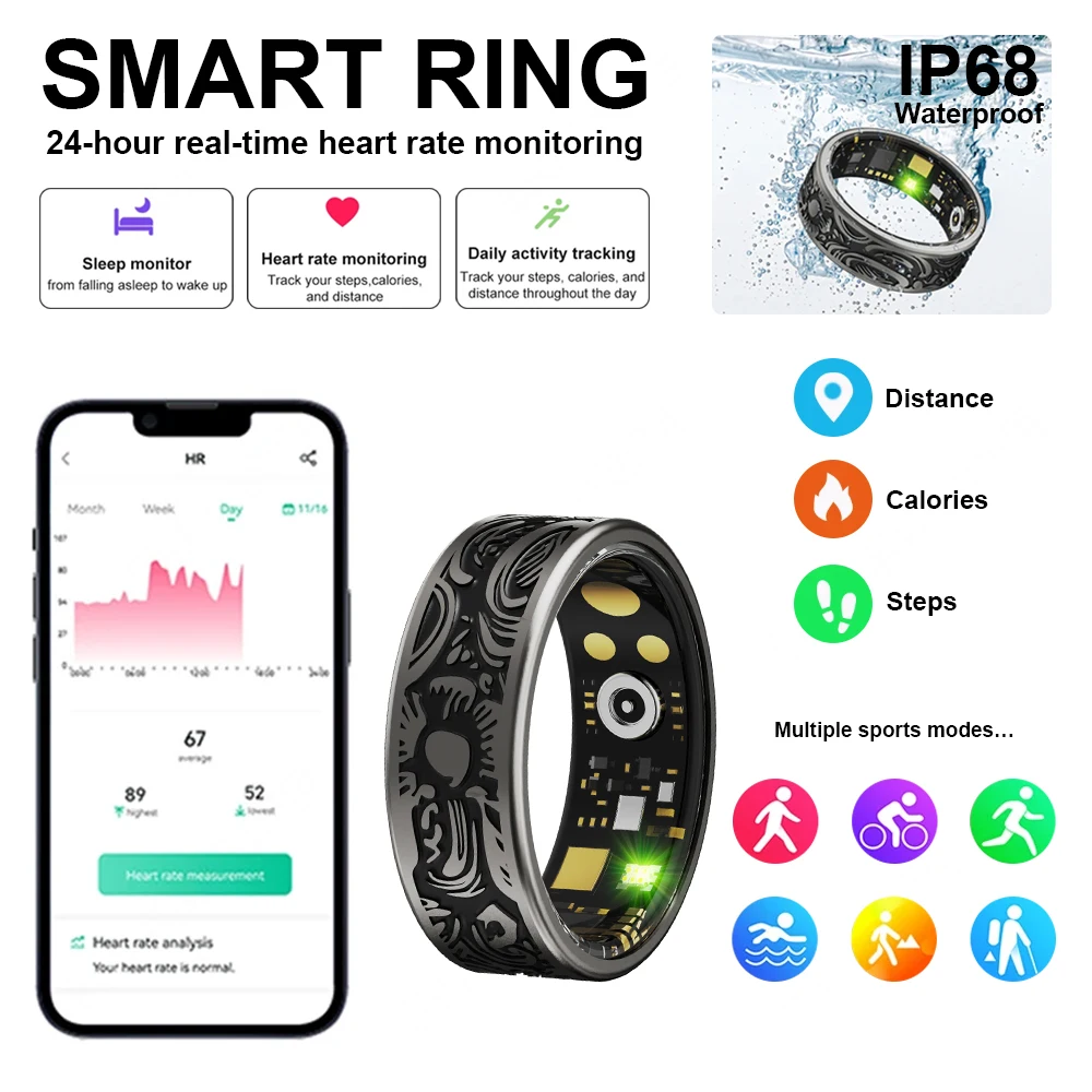 

Men Women Fashion Retro Smart Ring 24Hour Health Monitoring 5ATM Waterproof Multiple Sports Modes Fitness Rings For Android IOS