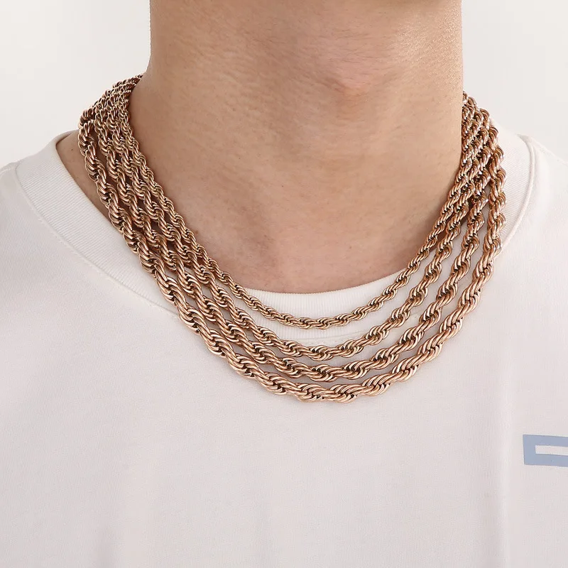 4/5/6/7/8mm Punk Rose Gold Color Twisted Rope Chain Necklace Bracelet Hiphop Men Women Stainless Steel Pendant Choker Jewelry