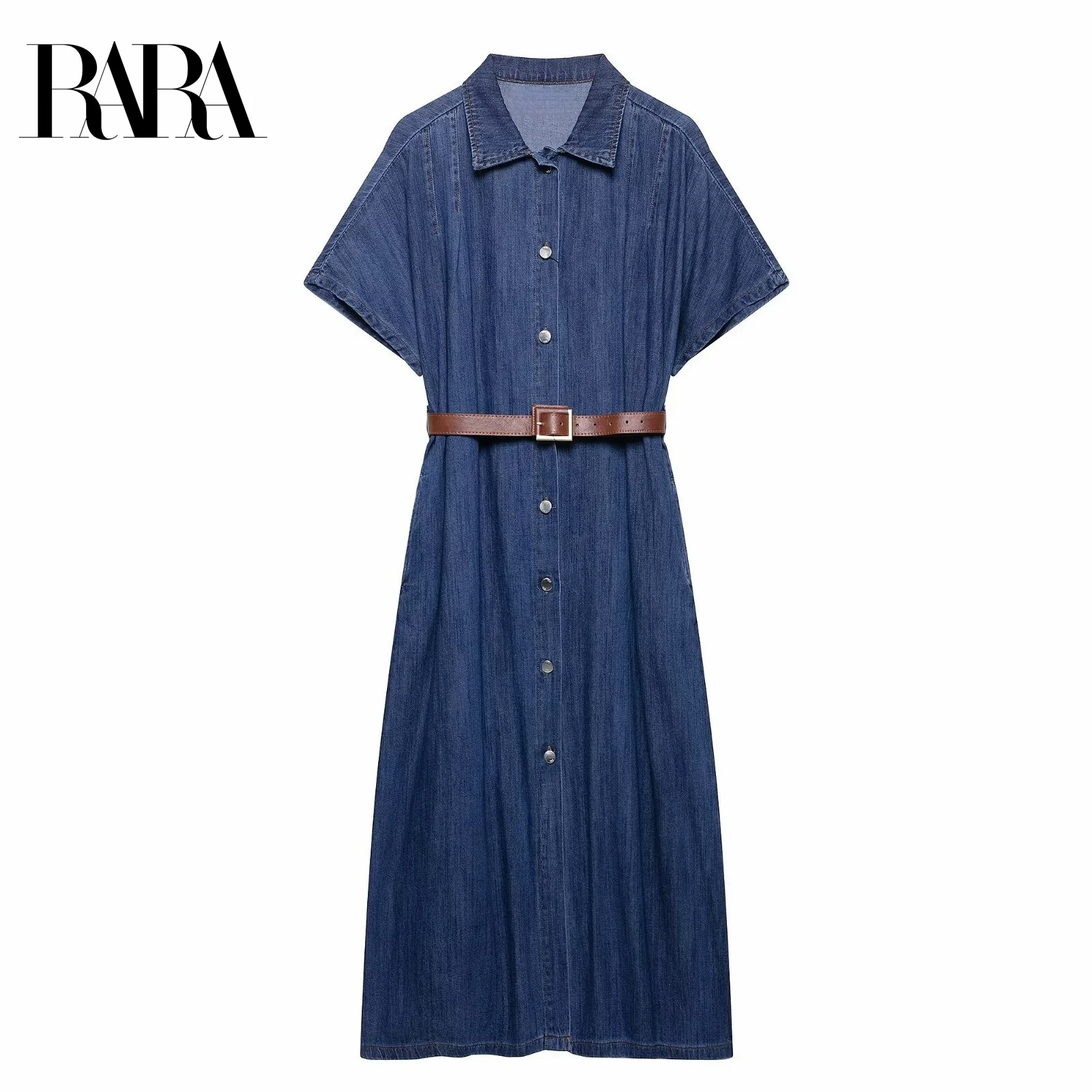 

RARA Womens Belted Denim Dress Stylish Collar Button Front Design Waist Accent Long Length Ladies Fashion Garment