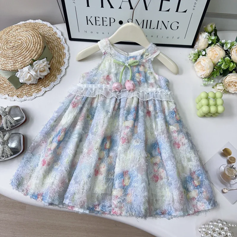 

Children's dress for girls, summer sleeveless dress, Korean style cute and stylish floral strap sweet dress for toddlers