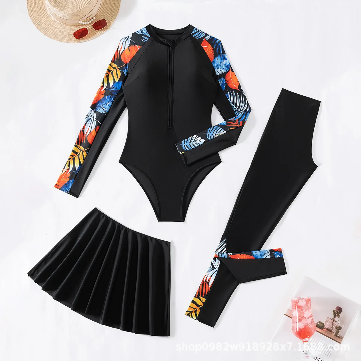 2025 новый, изготовленный на заказ европейский и американский женский бикини из трех частей с длинными рукавами и молнией спереди, мусульманский купальник