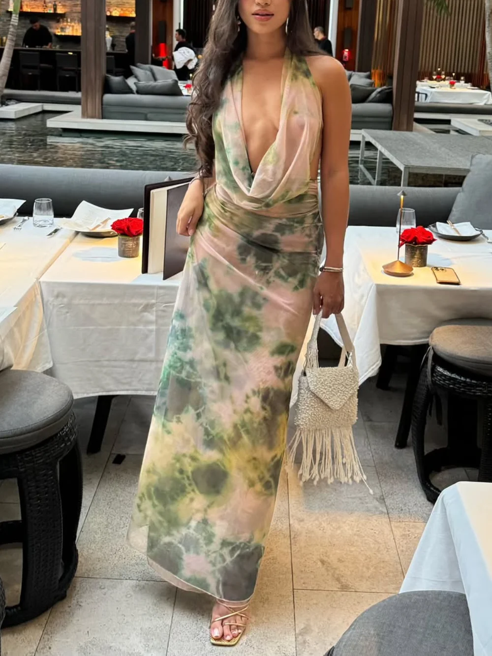 Women's Vintage Tie Dye Halter Dress, Backless Gown, Beach Party, Vacation Print, Casual, Spring, Summer