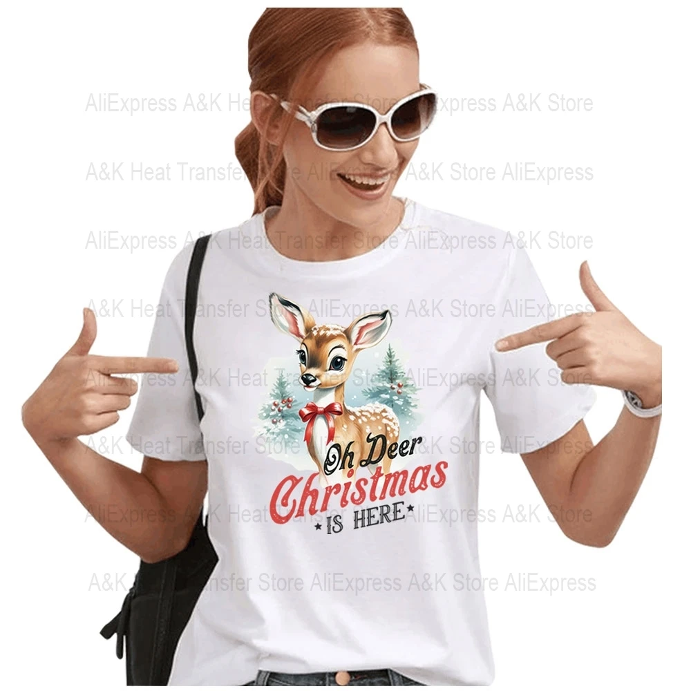 Retro Christmas Clothes Appliques Santa Rabbit Patches For Clothing DIY T-shirt Sticker Heat Transfer Patches Happy Vibes Decals