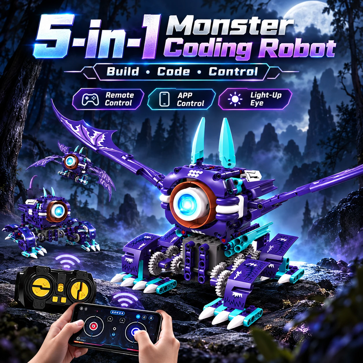 5-in-1 RC Monster Coding Robot Building Blocks APP Remote Control STEM Bricks Toy with Light for Kids Gift