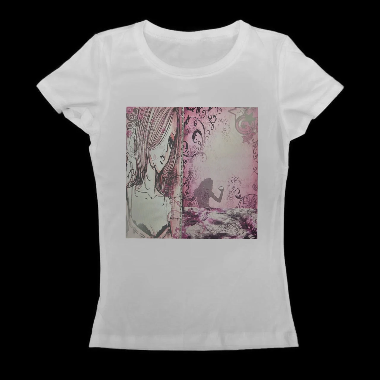 Pink Grunge Anime Girl Split Panel T Shirt Women Y2K Vintage Sketch Floral Swirl Print Short Sleeve T-shirt Ladies Graphic Tee T