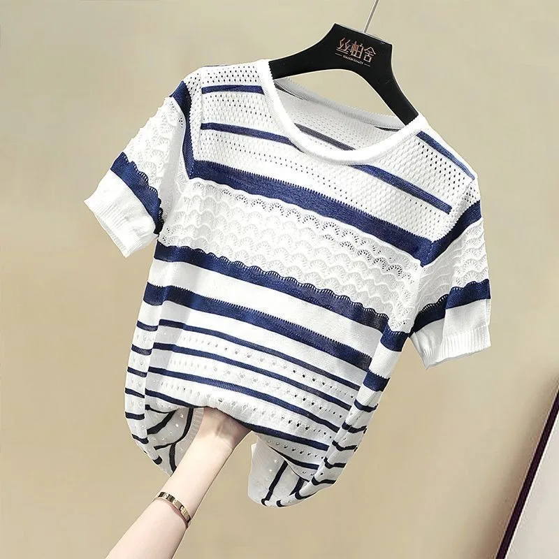 

2025 Summer Sweater Thin Striped Korean Fashion Pullover Casual Short Sleeve Hollow Out New Women Knit Clothing Top Blusas