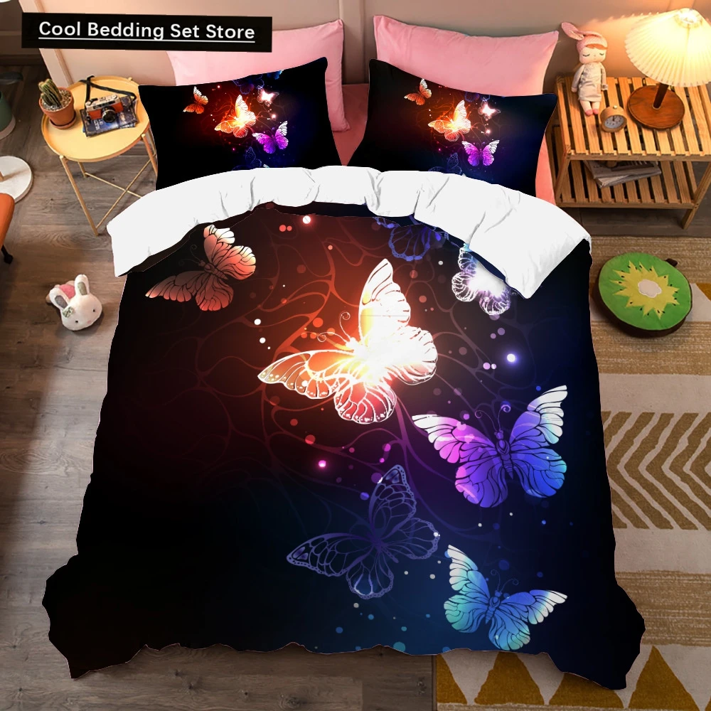 

Colorful Beautiful Butterfly Bedding Set Flying Animal Duvet Cover Set Pillowcase Soft Polyester Comforter Set for Women Girls