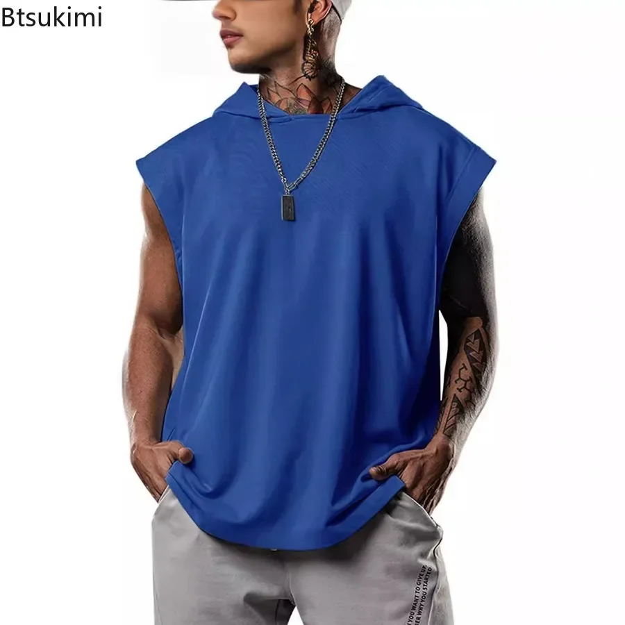 New Men\'s Loose Casual Hoodies T-shirt Fashion Sport Fitness Pullover Top Sleeveless Hooded Tank Tops Summer Sweatshirts for Men