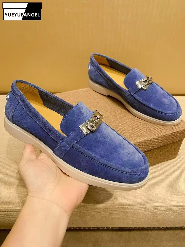 Office Men Work Business Genuine Leather Loafers Slip On Spring Summer Round Toe Cow Suede British Style Casual Flat Shoes Male