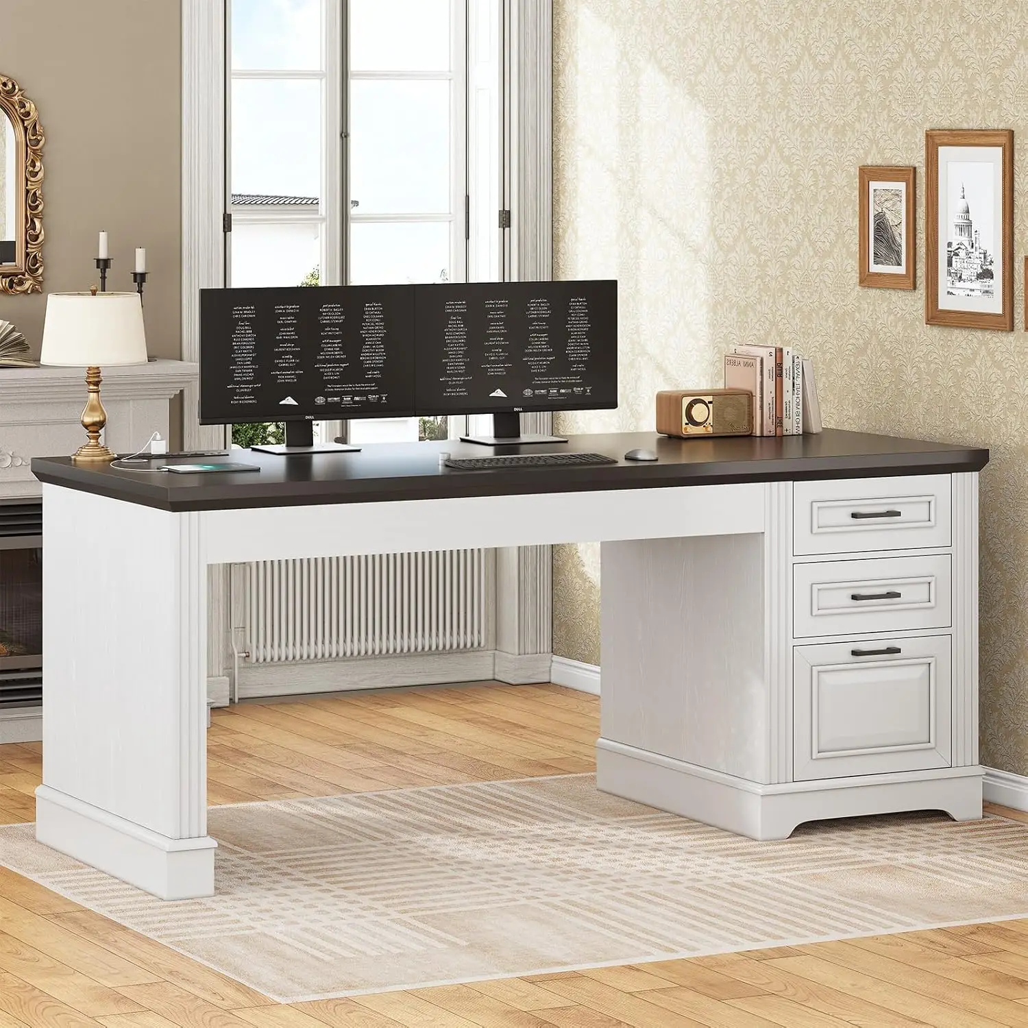 

Office Desk with 3 Drawers, 55" Executive Computer Desk Storage Drawers, Farmhouse Desk with Power Outlet Multicolor options