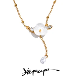 Yhpup Chic Elegant Imitation Shell Flower Chain Zircon Pendant Necklace for Women Stainless Steel Fashion Delicate Jewelry Gift