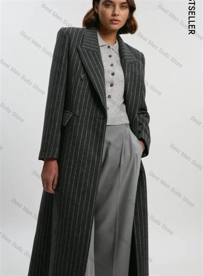 

Black Cashmere Stripe Women Suit 1 Pcs Long Blazer Wool Prom Dress Winter Formal Office Jacket Customized Wedding Guest Coat