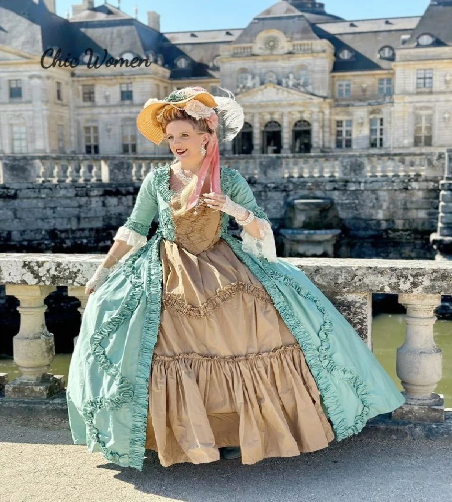 

Историческое вечернее платье в стиле рококо, мятное с золотым барокко, костюм Марии-Антуанетты 18-го века, платье для выпускного вечера с оборками, официальная вечеринка