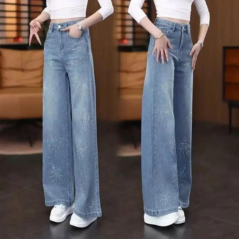 

Spring Autumn 2027 New Light Blue Rhinestone Straight Jeans Women's High Waist Loose Narrow Slim Wide-leg Denim Pants Ladies