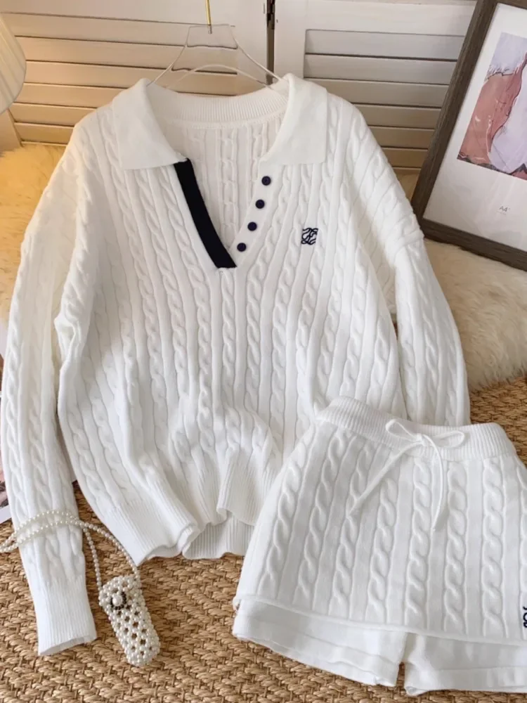

High Quality Classic Twists Knitting Sweater Two Pieces Sets Solid Navy Korean Brand Y2K Polo Neck Sweatshirt Mini Skirts Casual