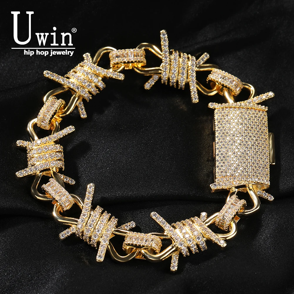 

UWIN Large Iron Wire Bracelet Iced Out Cubic Zirconia Barbed Bangle Fashion Luxury Hiphop Jewelry