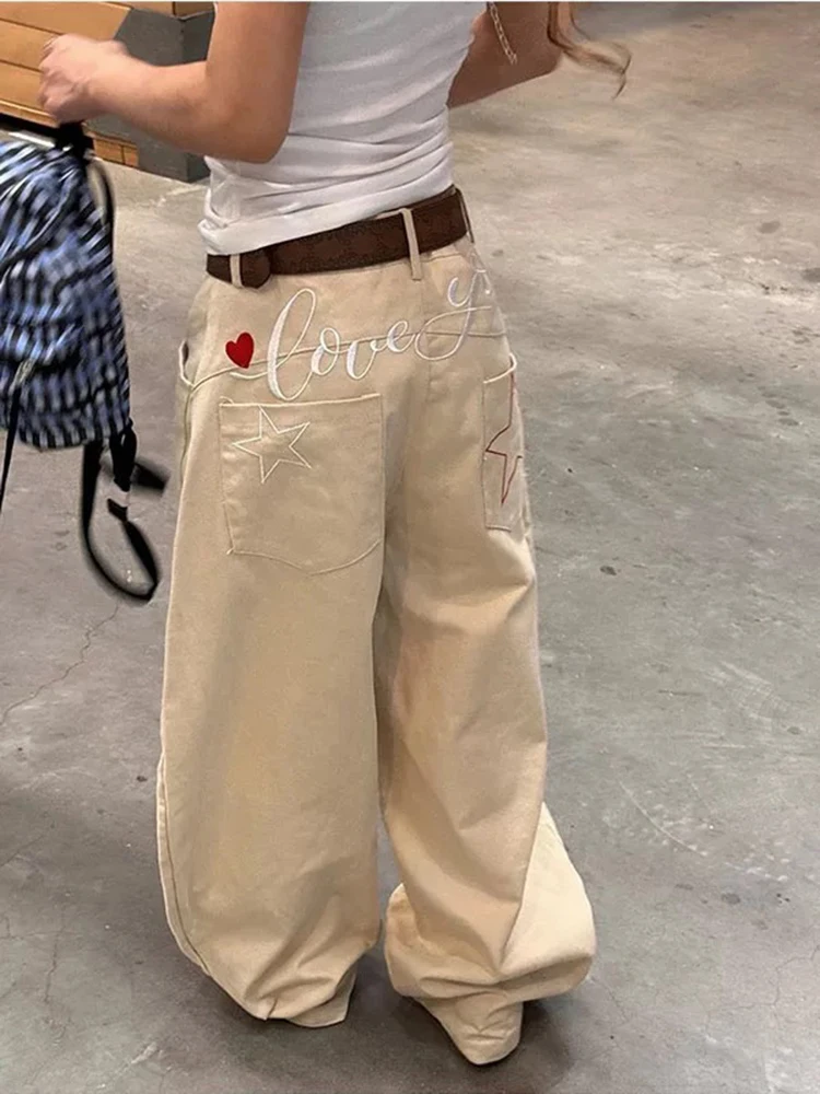Women Y2K Wide Leg Pants American Style Star Letter Embroidered Jeans High Street Slim Straight Leg Autumn Winte