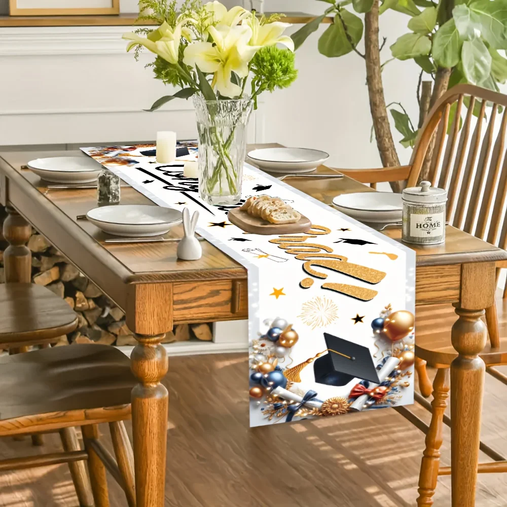 1PC Graduation Polyester Table Runner, Diploma & Confetti Design, Ideal for Graduation Parties & Ceremonies