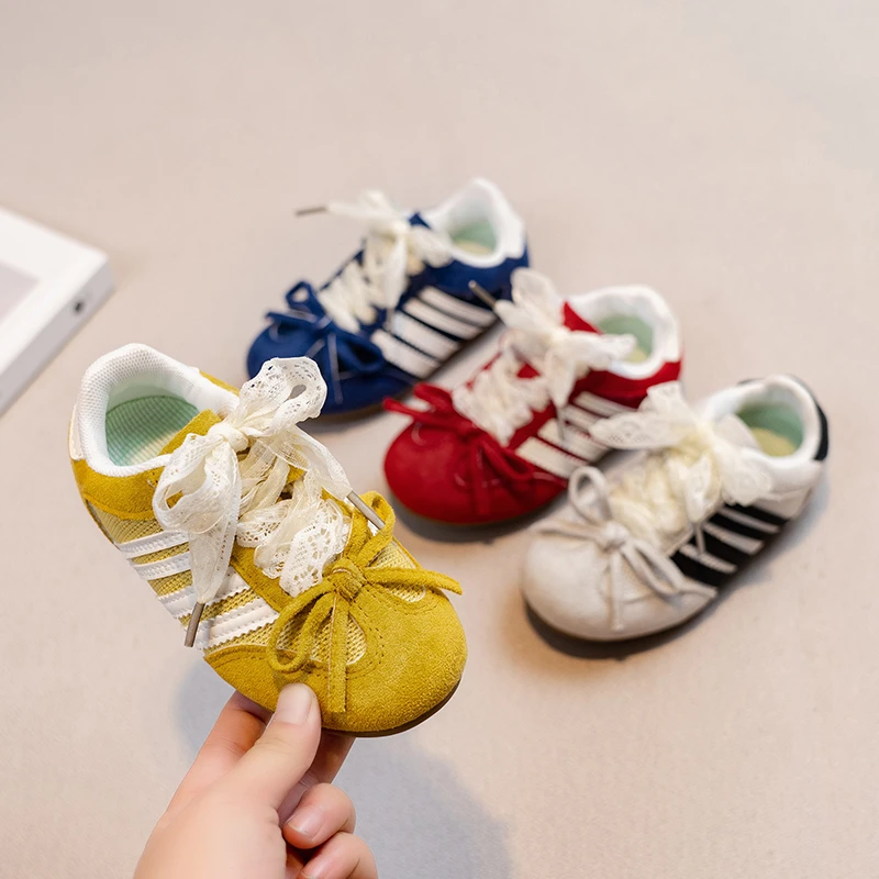 Fashion Breathable Bow Girls Sneakers Beaded Decoration 2026 New Autumn Applique Sneakers Thick Sole Boys Shoes Flats Zapatillas