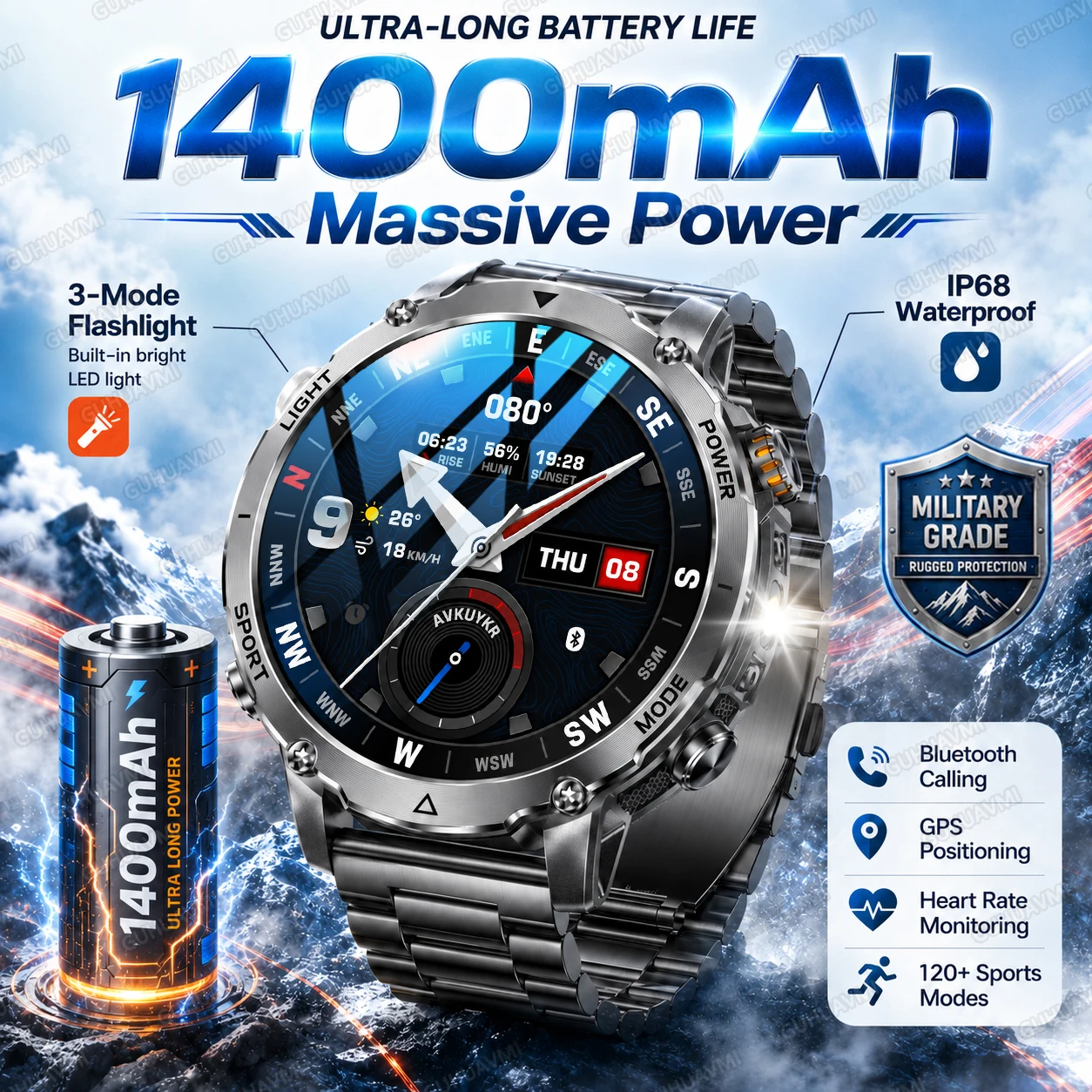 

1400mAh Massive Power Outdoor Smartwatch IP68 Waterproof Bluetooth Call LED Flashlight Military Grade GNSS 120 Sports Mens Watch