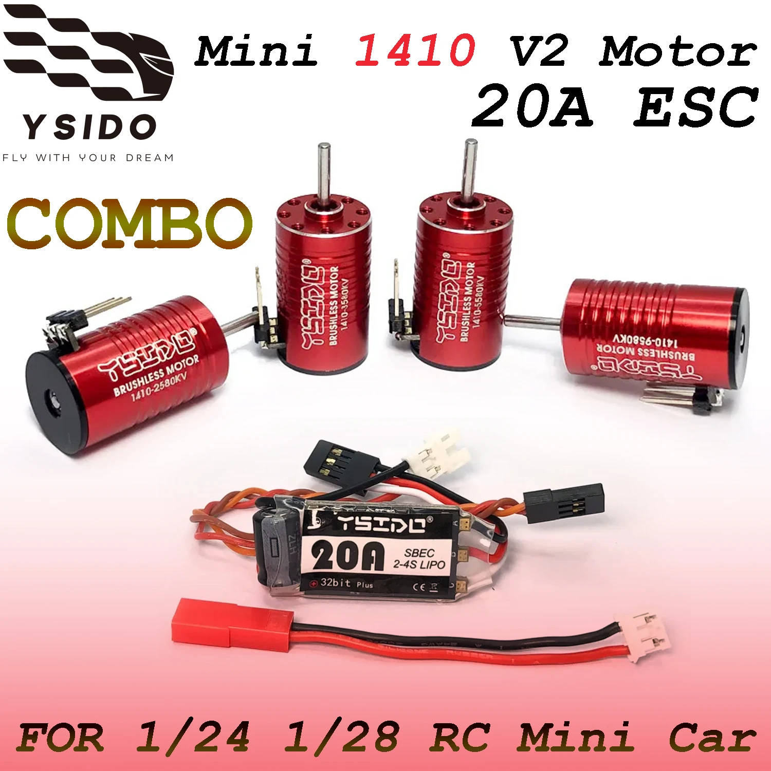 YSIDO Combo sin Escobillas Mini 1410 V2, Motor sin Escobillas, ESC de 20A con Tarjeta de Programación para Coche RC 1/24 1/28 Kyosho Mr03 Pro Atomic DRZ