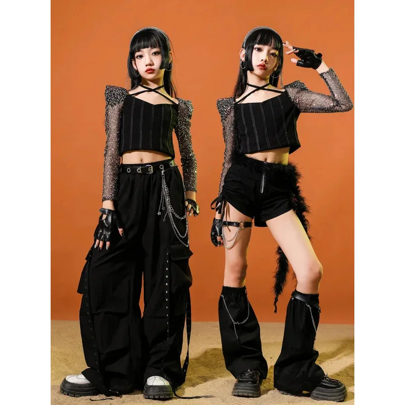Kpop الأسود ملابس رقص الجاز الفتيات لامعة Crp قمم السراويل الهيب هوب المنافسة زي الاطفال أزياء مرحلة الأداء البدلة