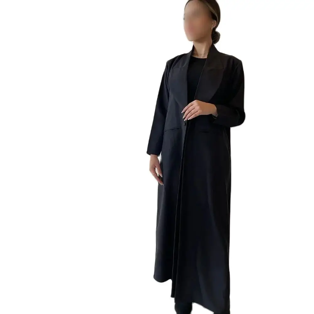 Chic Black One Button Women Long Jacket Elegant Female Daily Coat Formal Ankle Length Dress Abaya