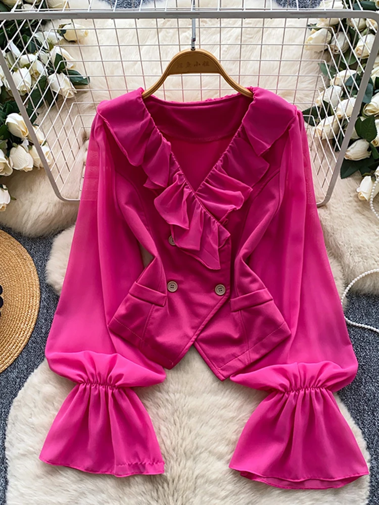 

Spring Autumn V-neck Ruffled Patchwork Long Sleeved Blouse or Women New French Style Fashionable Elegant Office Shirt Top C393