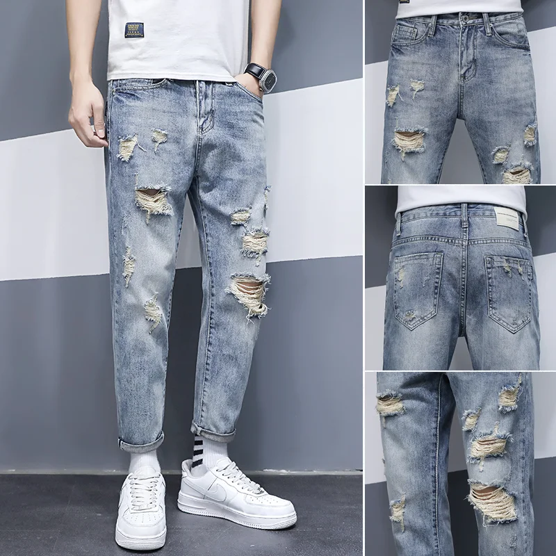 

Летние тонкие джинсы в японском винтажном стиле с рваными элементами, мужские, модные, свободные, прямые, длиной до щиколотки, в корейском стиле, для недорогих покупателей...