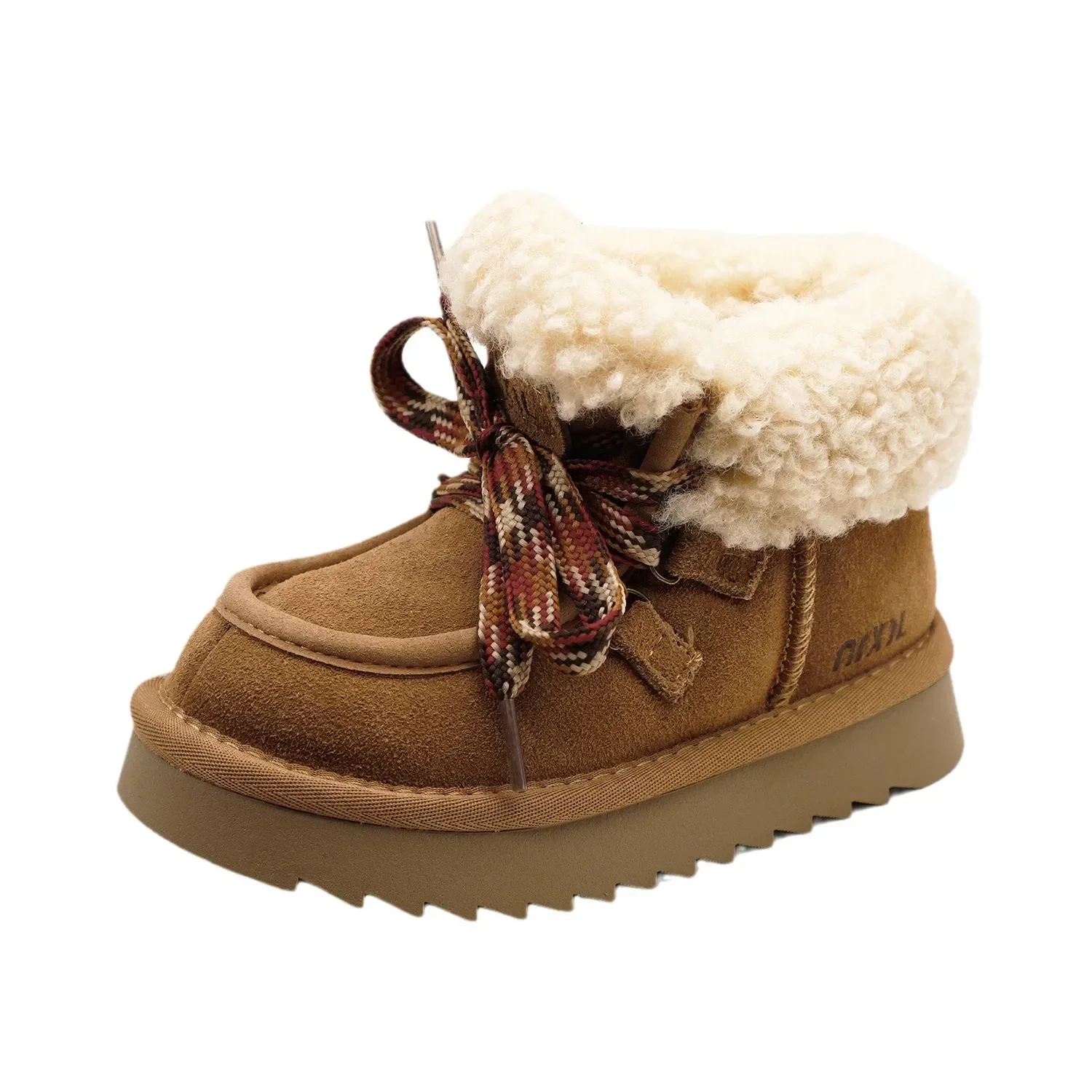 Winter Children's Boys Girls Genuine Leather Thick Sole Warm Lace Up Snow Short Boots Kid Toddler Platform Wool Faux Fur Booties