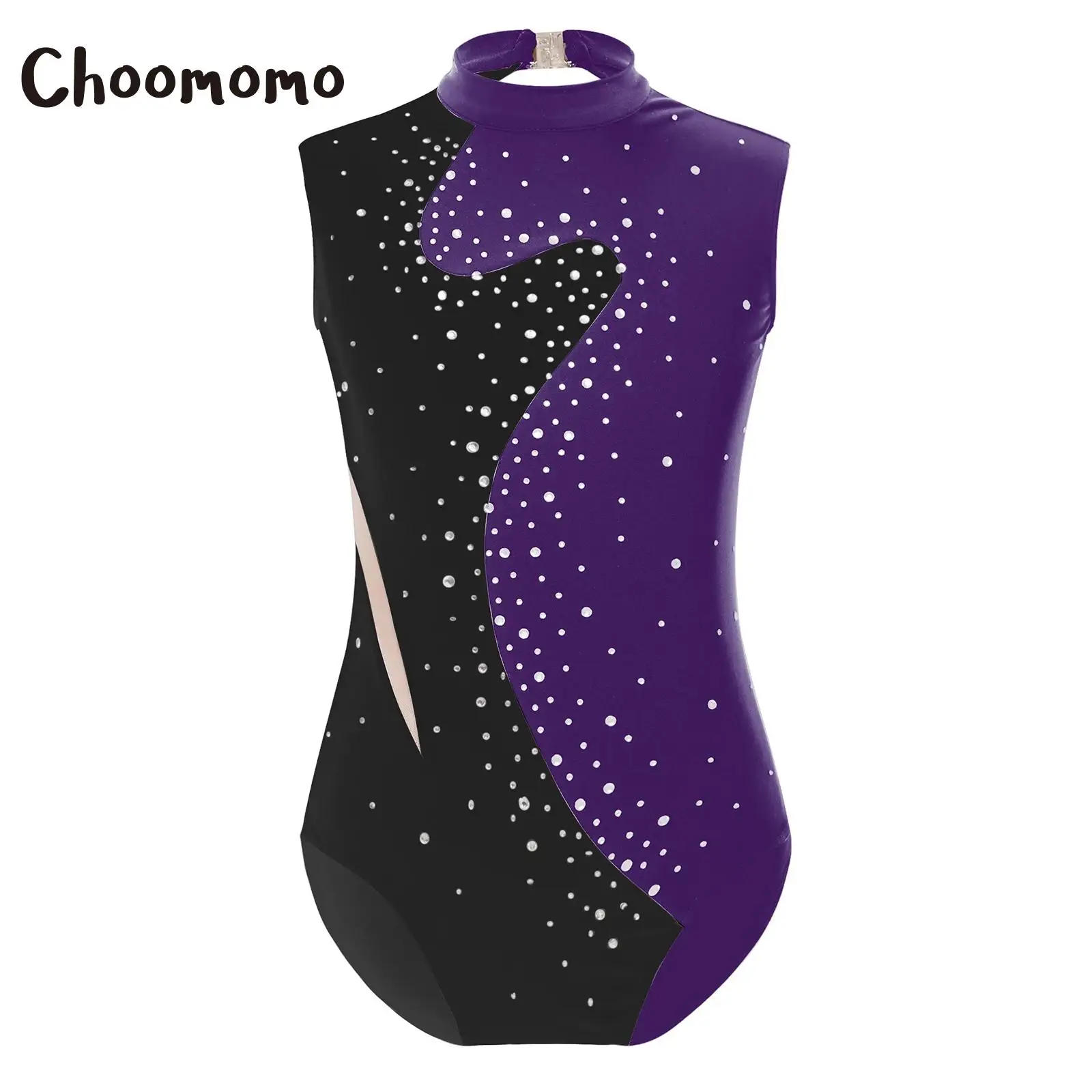 

Kids Girls Gymnastics Leotards Sparkly Rhinestones Color Block Sleeveless Ballet Dance Figure Ice Skating Bodysuit Unitards