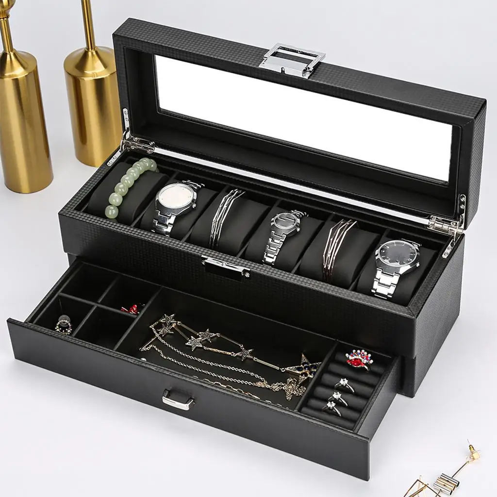 , 6 Slots Wooden Case Organizer with Jewelry Drawer for Storage And Display